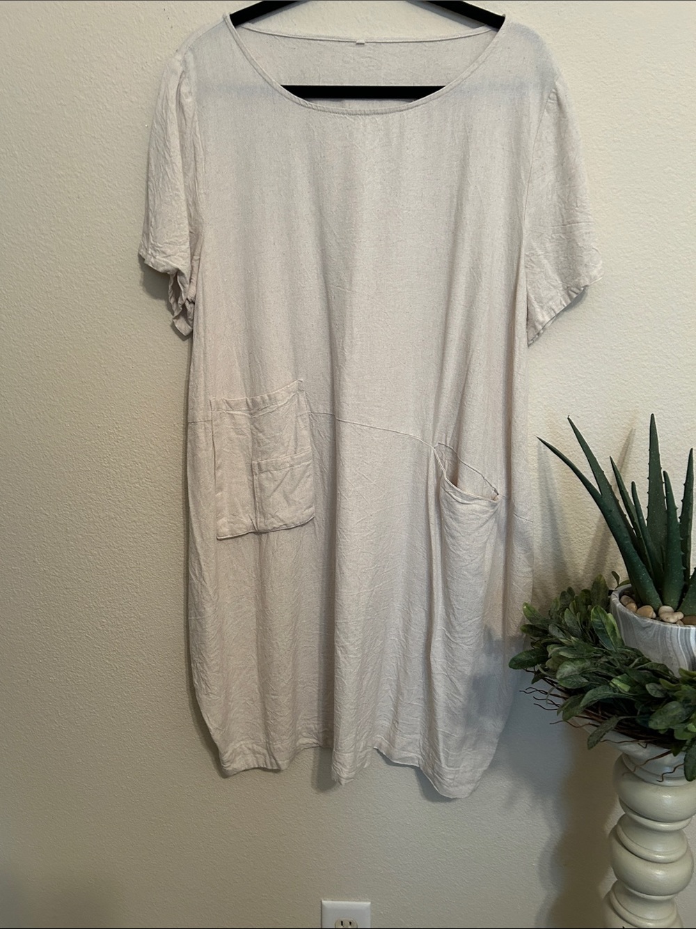 Light Beige Short Sleeve Pocket Midi Dress